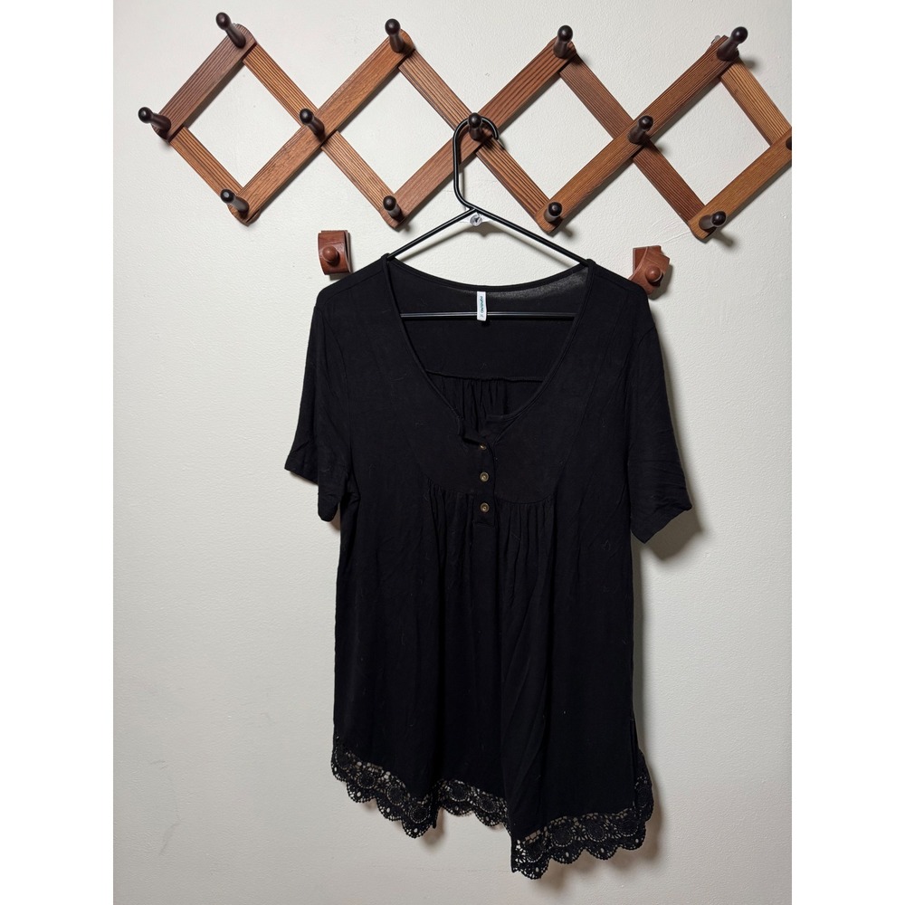 Goth Boho Black Henley Tee Crochet Lace Trim Babydoll‎ Shirt Whimsygoth